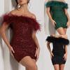 Fashion Women Glitter Feather Splicing Mini Dress Classic Black Off Shoulder Slim Bra Dresses Lady New Evening Party Short Gown