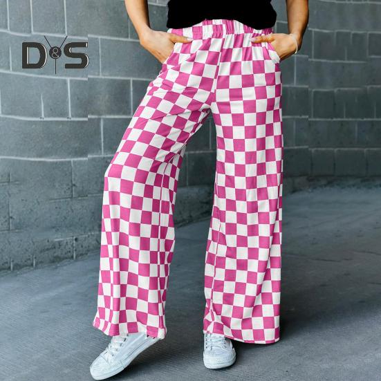 Женские брюки с высокой талией, эластичные, клетчатые, широкие, повседневные брюки свободного кроя, повседневная одежда для работы и отдыха
