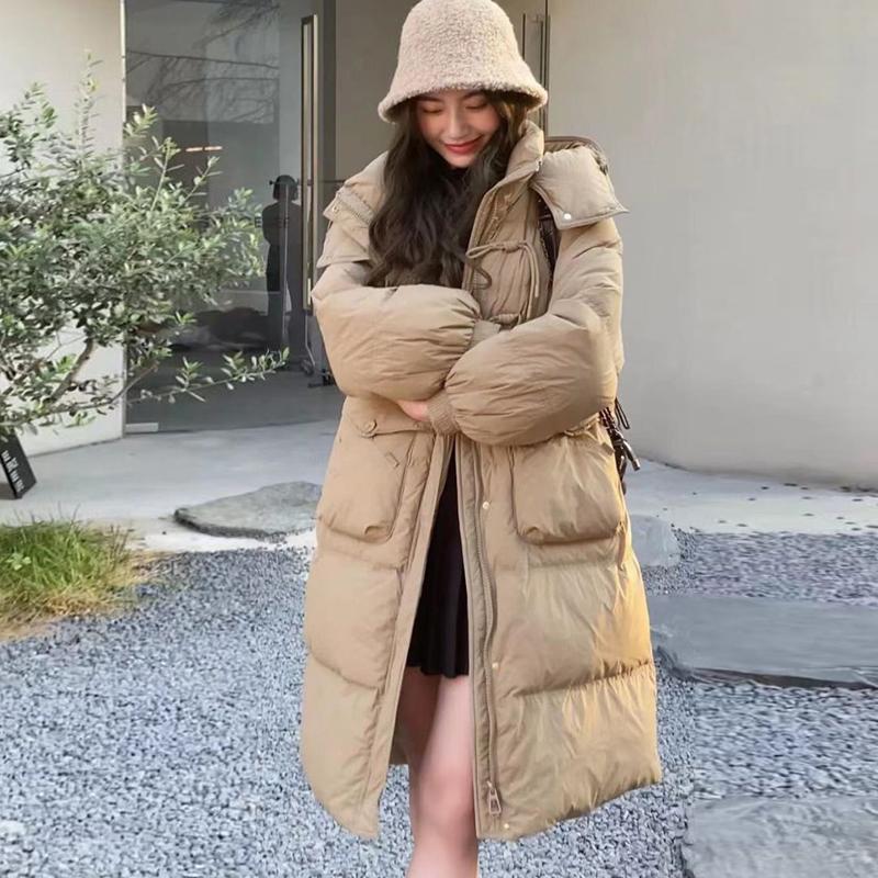 Women's Long Loose Light Down Jacket Autumn Winter Hooded Straight White Duck Down Coat Stand Collar Big Pocket Solid Color