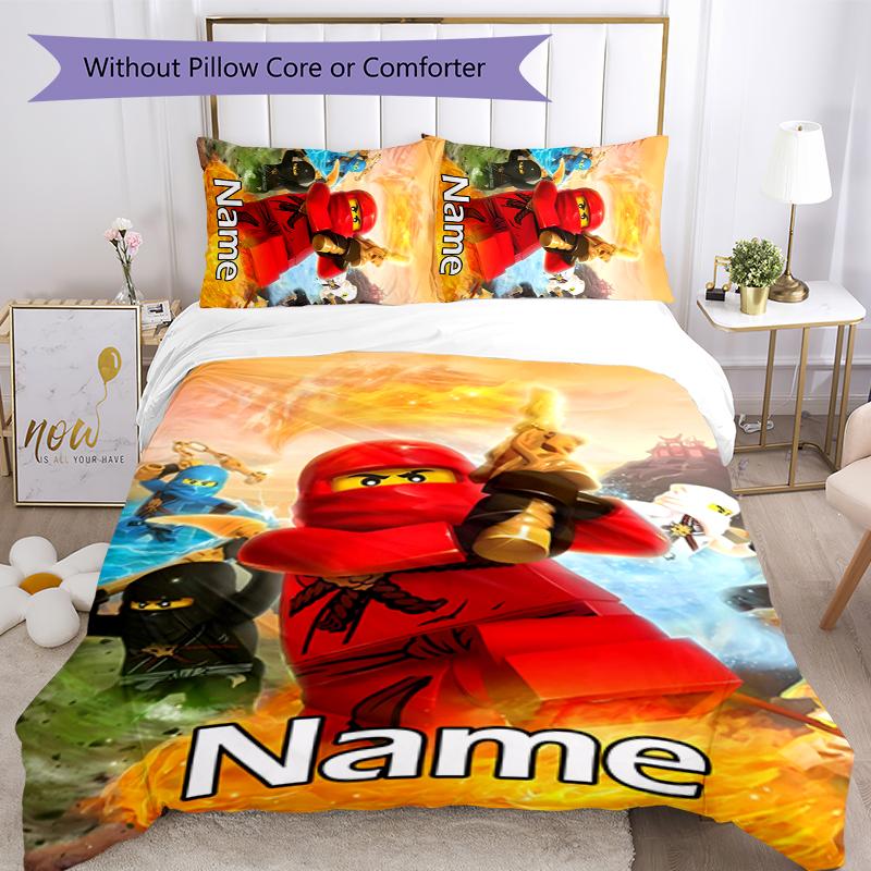 3pcs Custom Name Cartoon Lego Ninjago Bedding Set Duvet Cover Closure Includes 1 Duvet Cover & 2 Pillowcases for All Seasons Bedroom Decor