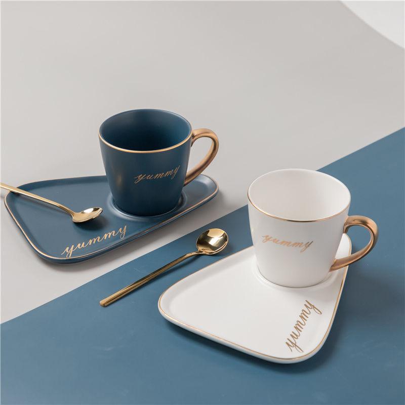 Solid Color Nordic Style Gold Plated Coffee Cup Ceramic Water Cup Mug Breakfast Cup Milk Cup Afternoon Tea Coffee Cup Plate Two Piece Set