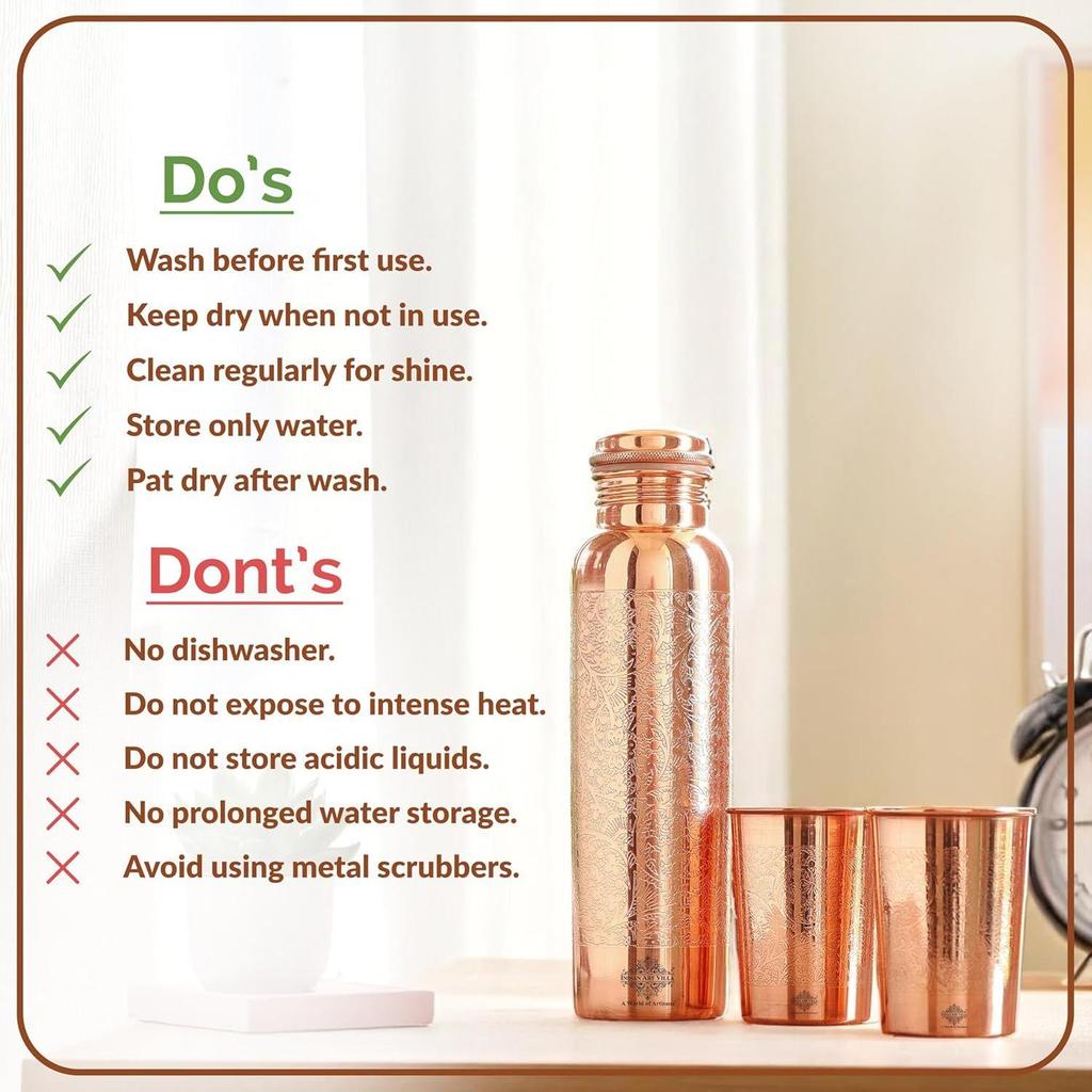 Copper Drinkware Gift Set – Embossed Design with 1 Bottle (900 ML) & 2 Glasses (300 ML) in a Blue Box – Gifting Item for Diwali, and Festive Occasions