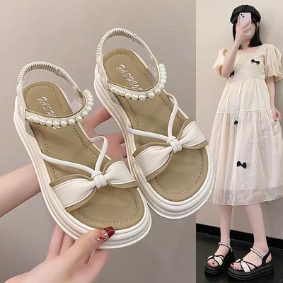 Босоножки на плоской подошве женские летние новые жемчужные повседневные трендовые с ремешком из одного слова пляжная обувь детская