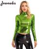 Womens Metallic Long Sleeve T-Shirt Fashion Shiny Top Slim Fit Mock Neck Tops Cocktail Dancing Party Club Music Festival Costume