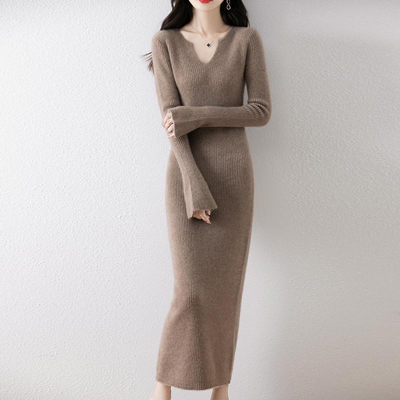 Женское платье-свитер 100% шерсть MODERN NEW SAGA V-образный вырез трикотажный длинный пуловер зимние джемперы шерстяное длинное платье женское