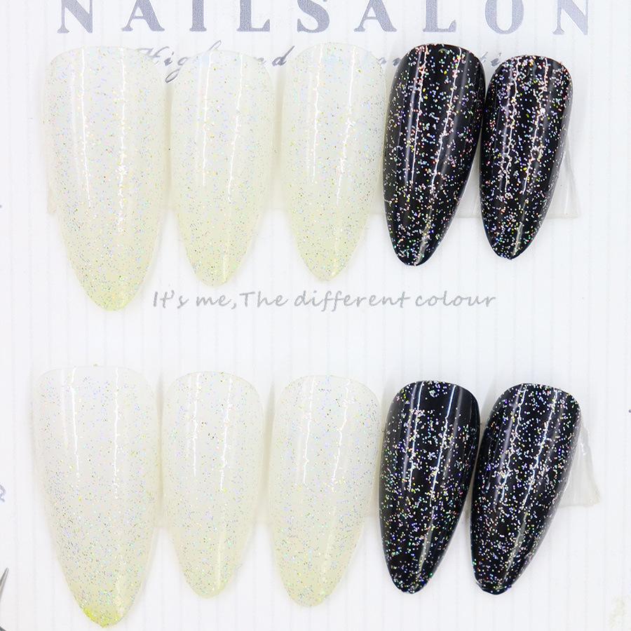 24 штуки длинных миндалевидных ногтей с блестками, модный стиль, черно-белый прыгающий цвет, можно использовать повторно, 24 штуки