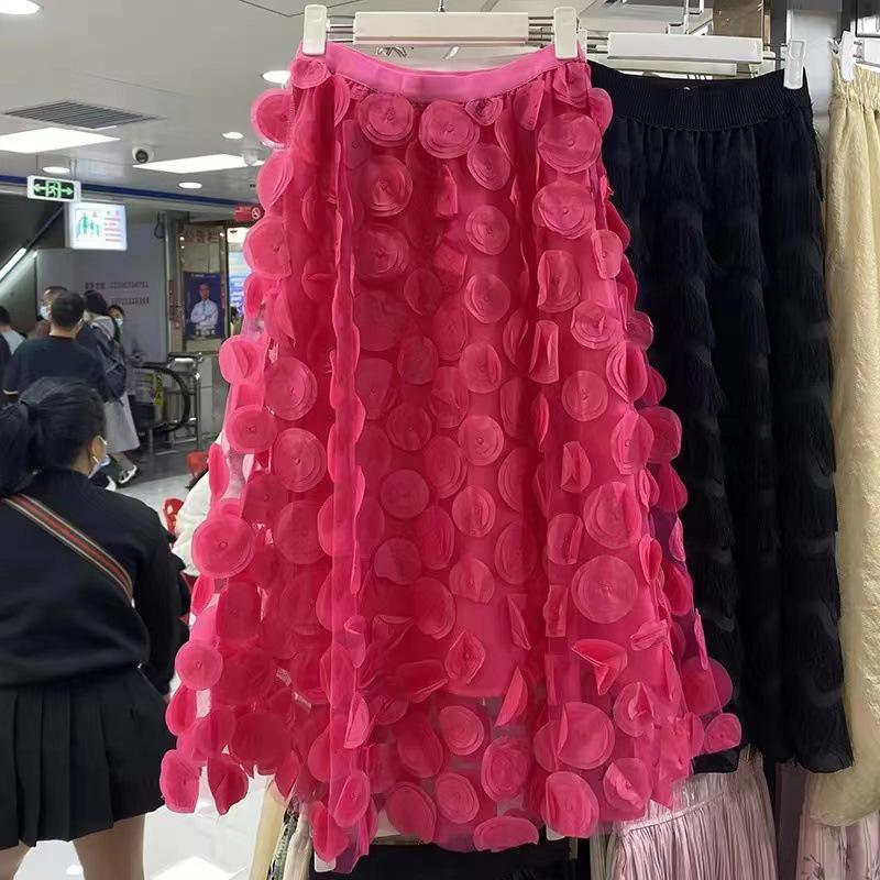 Women's European-Style Black Midi Skirt - 2025 High-End Mesh A-Line Umbrella Design