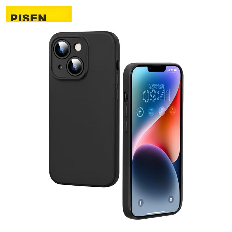 Pisen IPhone 14 Plus Case, Flexible Liquid Silicone Full Coverage Shockproof Ultra-Thin Protective Case, Straight Edge Protective Cover, Black