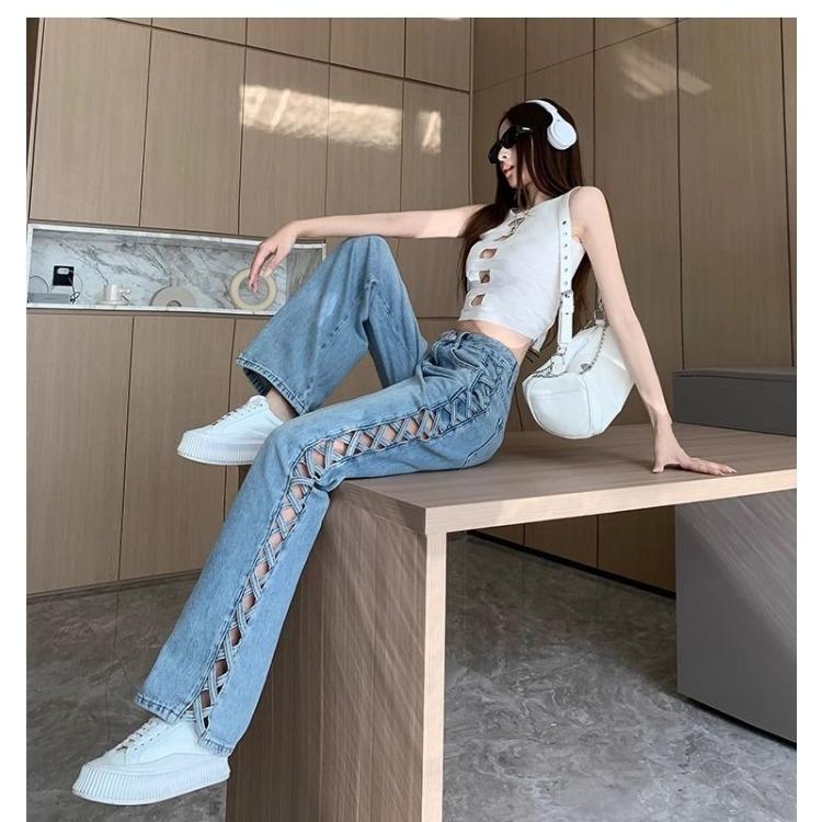 Fashionable Side Hollow High Waist Wide Leg Jeans with Loose Design for Women In Summer