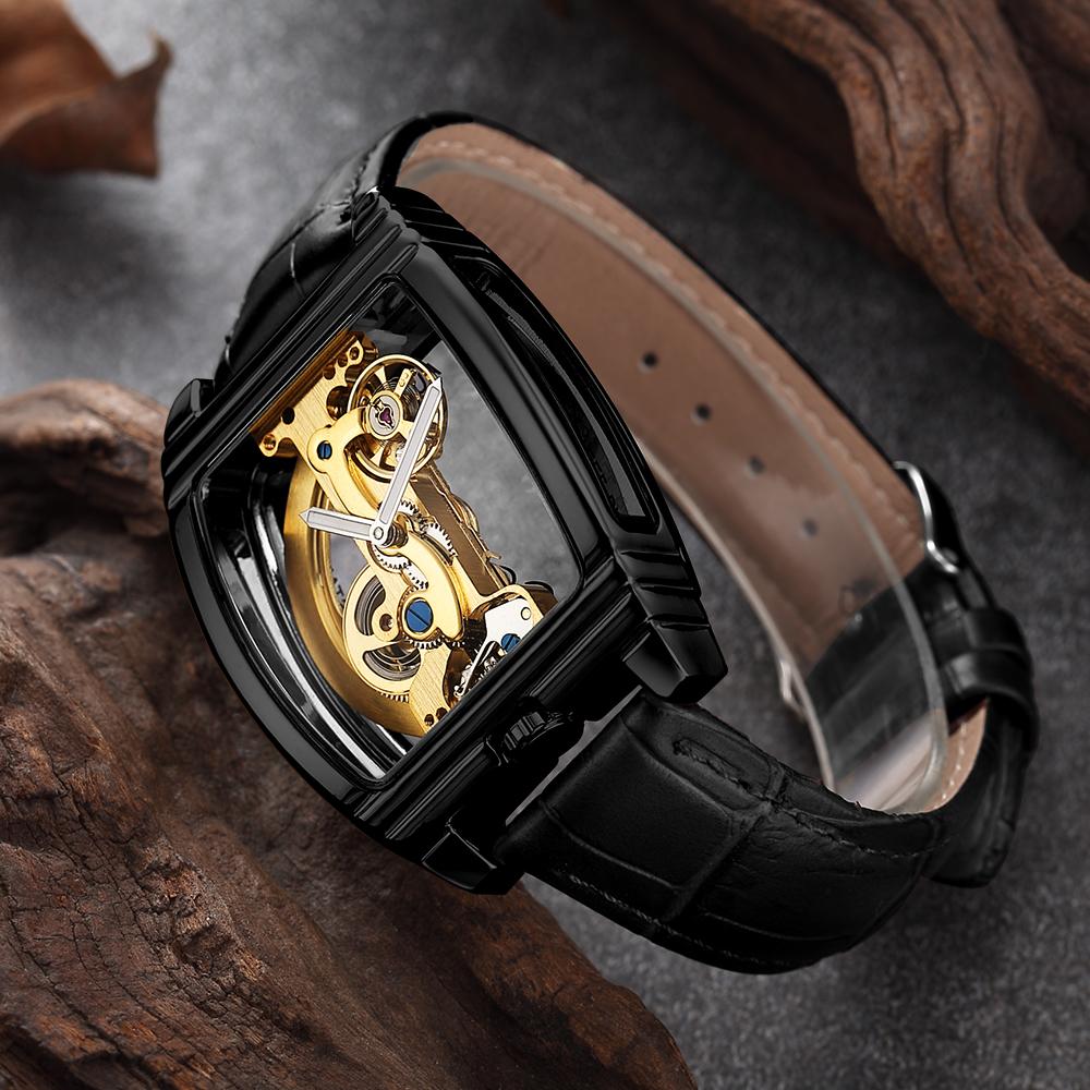 SHENHUA Mens Watches Top Brand Luxury Automatic Mechanical Transparent Skeleton Bridge Watch Leather Belt Wristwatch Male Clock