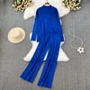 Fashion Collar Loose Long-sleeved Irregular Knit Tops High Waist Thin Straight Pants Two-piece Set