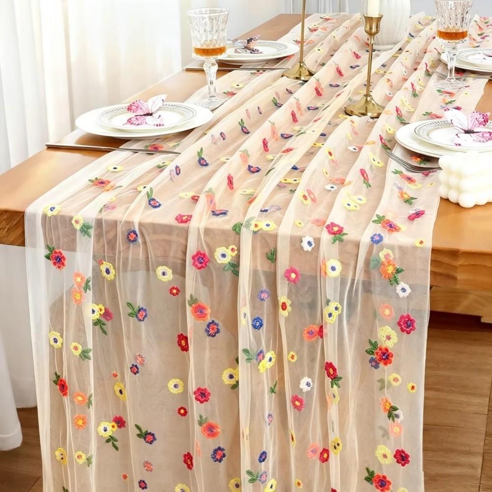 Colorful Flower Lace Tulle Runner Embroidery Daisy Floral Table Cover for Bridal Shower