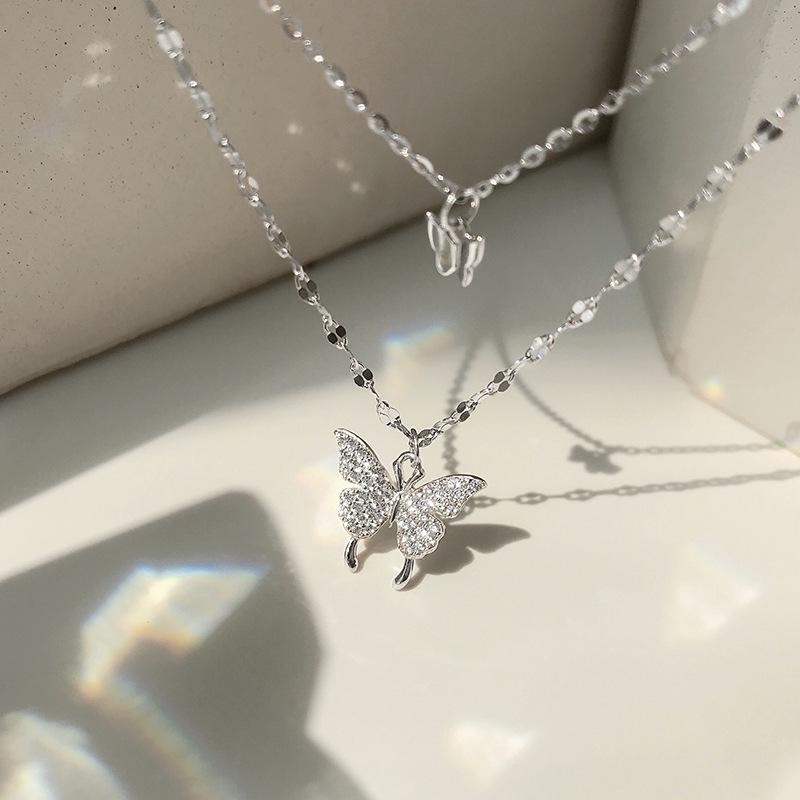 S925 Silver Double Layer Butterfly Necklace – Elegant European & American Design