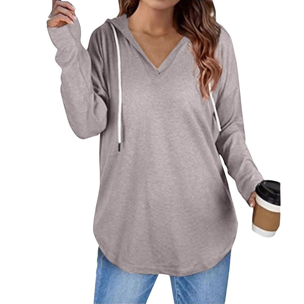 Women's Fashion Casual V-Neck Solid Colour Hooded Drawstring Long Sleeve Fitness Top