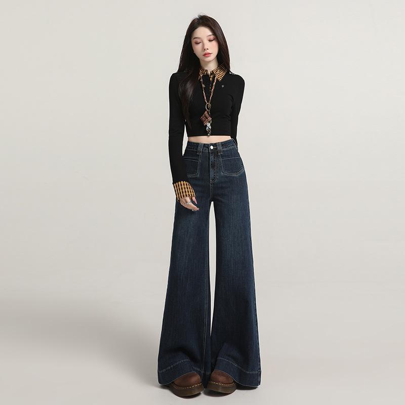 Denim blue micro-pull jeans women's year autumn and winter new high waist loose wide legs thin versatile horn pants