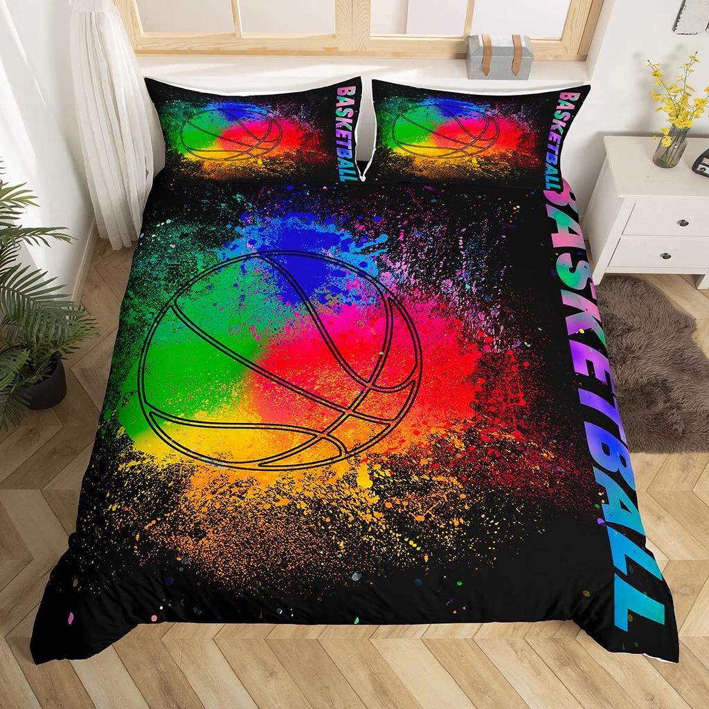 Пододеяльник с баскетбольным мячом Queen Blue Red Green Tie Dye Комплект постельного белья Grunge Neon Sports Покрывало Neon Ball Game Покрывало