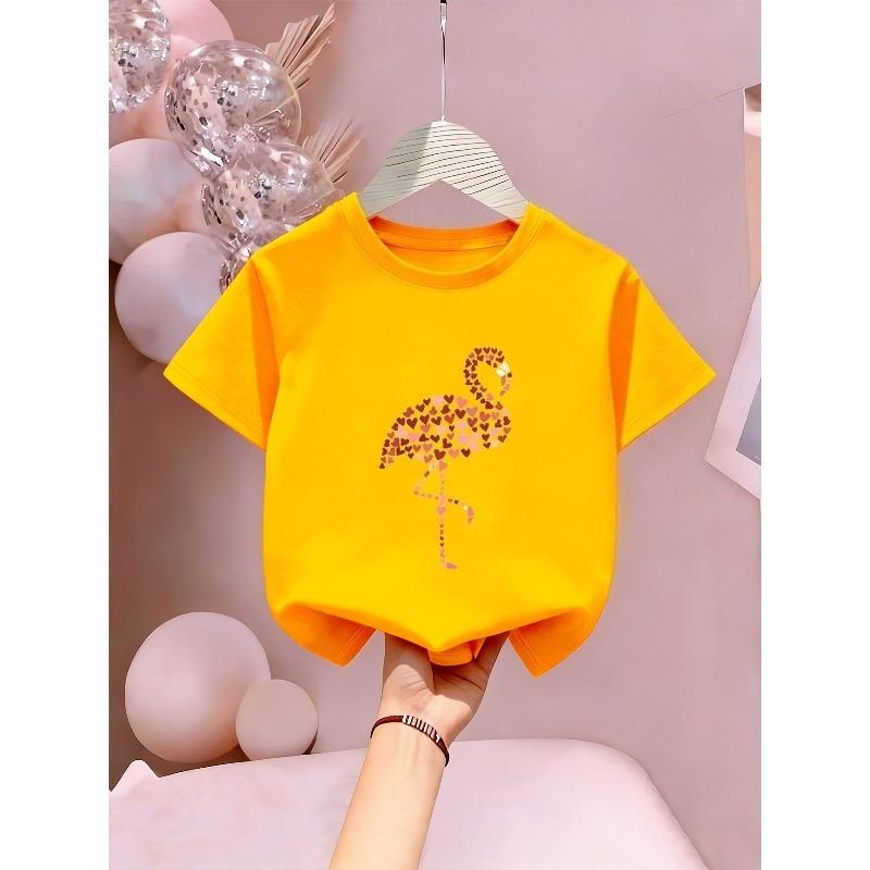 European sizes 'Love Flamingo' Valentine'S Day Happy Letter/Cartoon Print, Girls' Clothing Short Sleeve T-Shirt And Cool Breathable for Summer Wear