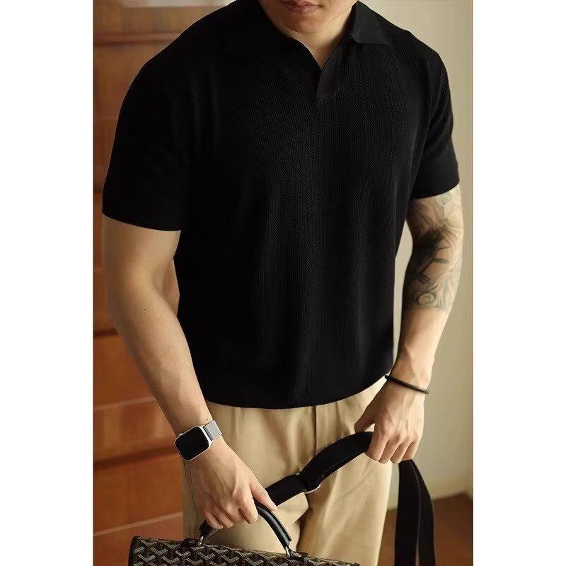 Men's Summer Ice Silk Knitted Slim Fit Polo Shirt - Short Sleeve, Pure Color, Casual Lapel T-shirt