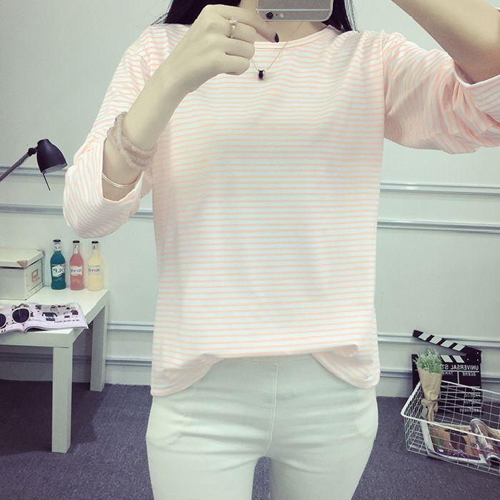 Весна и осень, новая корейская версия, простой полосатый топ, свободная футболка с длинными рукавами, женская школьная универсальная базовая рубашка для студентов
