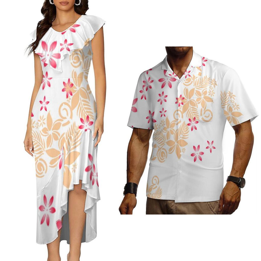 Polynesian Tribal Traditional Samoan Puletasi Dress for Women Custom Elegant Dresses Vintage Floral Dress Couple Set