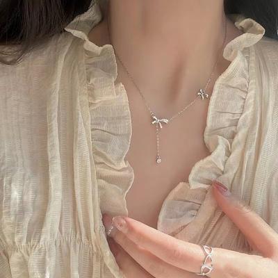 Серебряное ожерелье S925, женское, легкое, роскошное, с бантом, стиль кисточки, нишевая цепочка для свитера, женское, серебряное украшение в стиле Ins