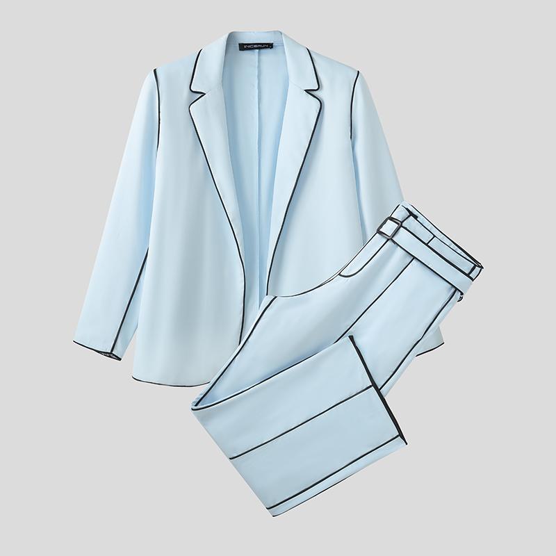 INCERUN Осенние мужские комплекты оверсайз из двух предметов: блейзер с длинным рукавом и строчкой + длинные прямые брюки