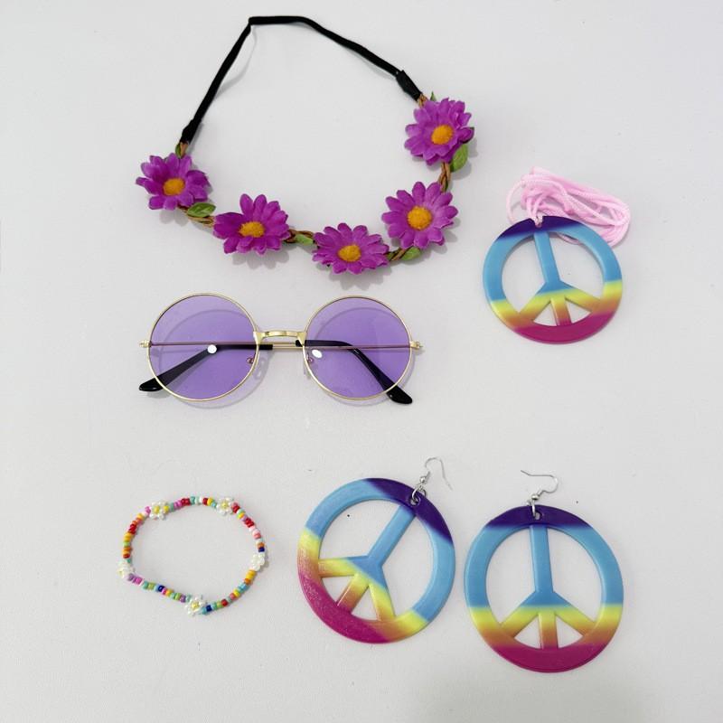 Hippie Peace Sign Costume Set Halloween Party Colorful Earrings Necklace Adult Cosplay Accessories