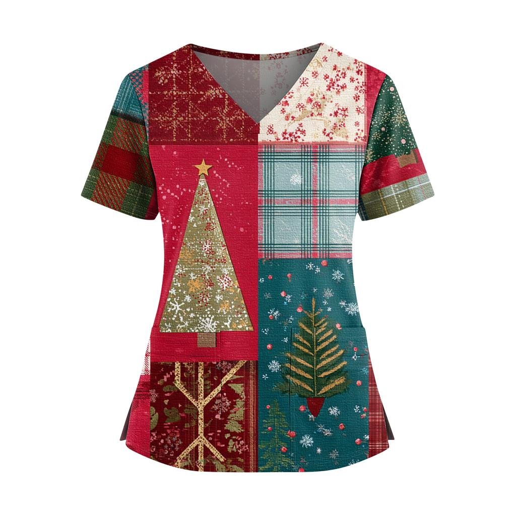 Женский топ с рождественским принтом, V-образным вырезом, двумя карманами, короткими рукавами, разрезом по подолу, униформа и одежда для ухода