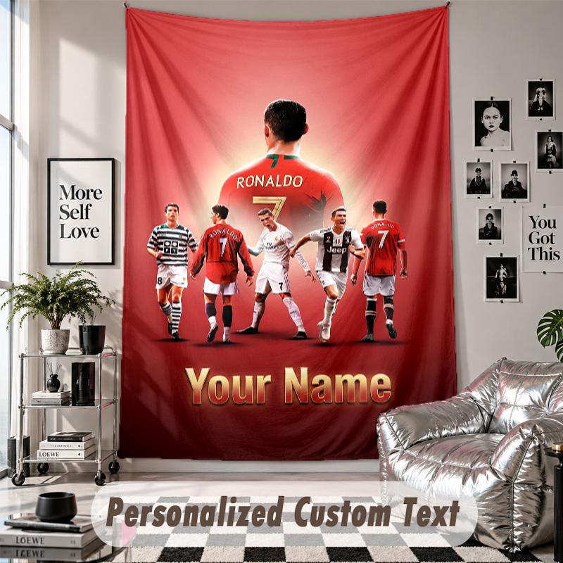 Wall Hanging Tapestry With Custom Name & Text, Cristiano Ronaldo Decorative Tapestry For Bedroom