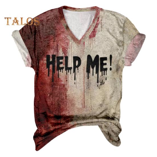 Женская футболка с V-образным вырезом и длинным рукавом, с принтом «кровавые буквы», свободный крой, пуловер на Хэллоуин, топы, праздничная одежда для вечеринок