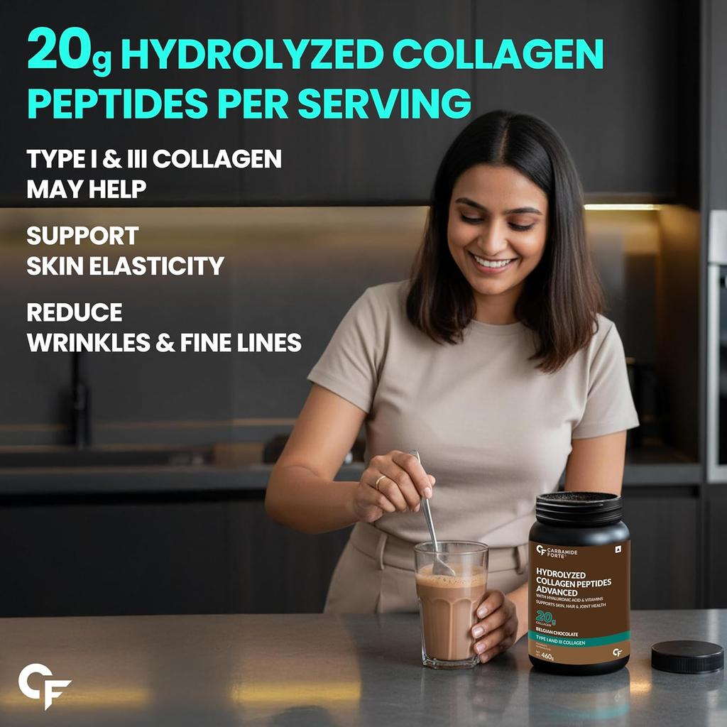 Carbamide Forte Hydrolyzed Collagen Powder for Women & Men 460g | Belgian Chocolate | Type I & III