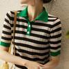 Женские свитера, пуловеры, 2025, лето, короткий рукав, отложной воротник, трикотажный свитер с узором Srtiped, женские топы, пуловер JJ312