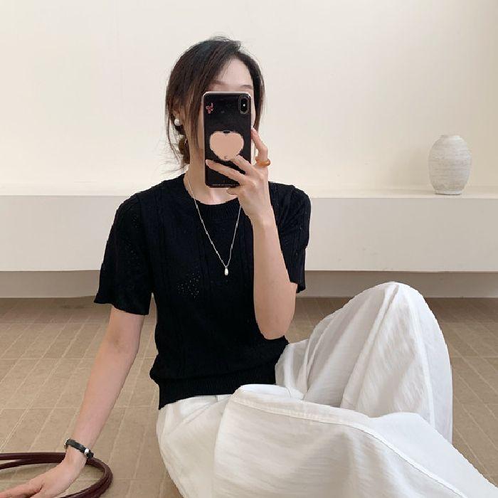 Топ женский вязаный с коротким рукавом и круглым вырезом, ажурный, в новом летнем стиле