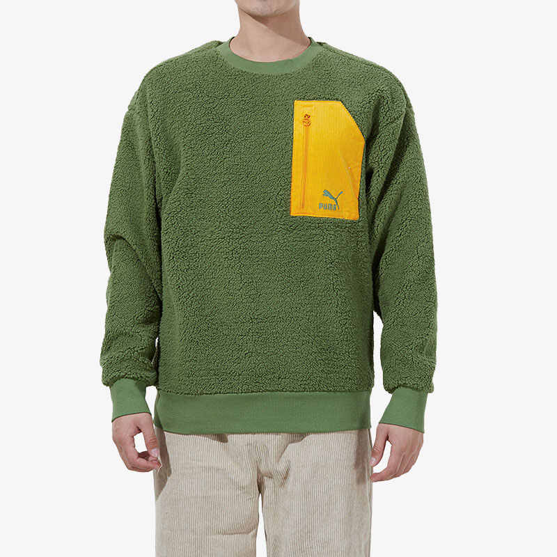 Puma Retro Crewneck Sweatshirt With Contrast Pocket And Faux Shearling Men Tops Dark-Green 534814-67