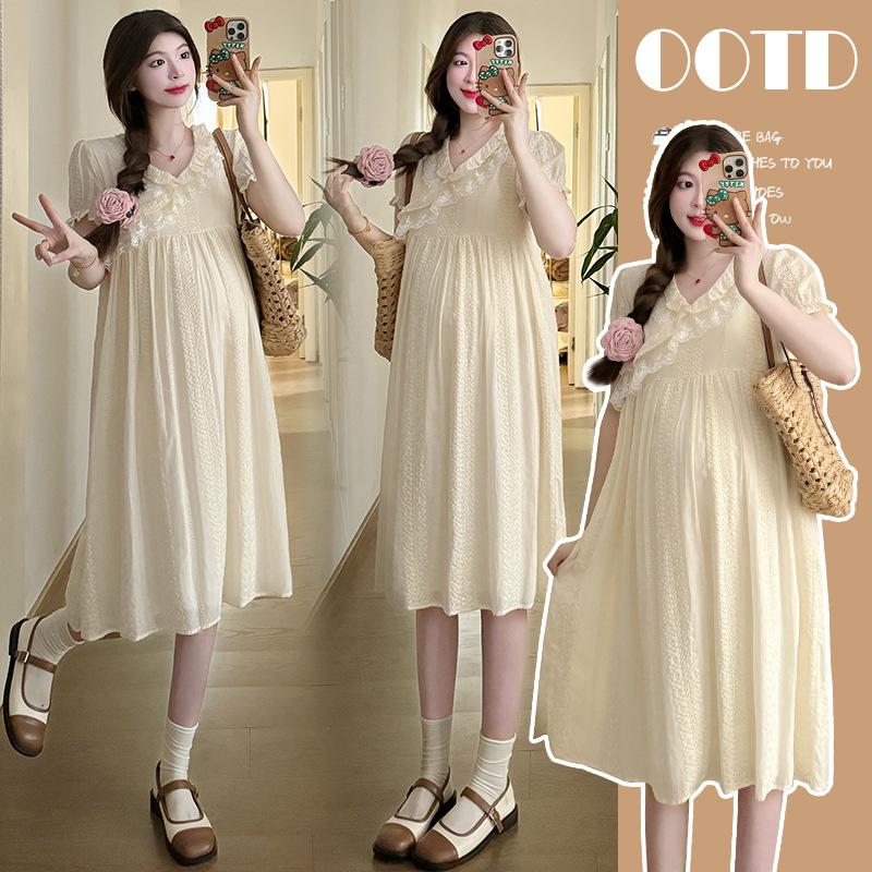 Милое летнее платье для беременных из жаккардового кружева с V-образным вырезом и вышивкой