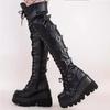Fashion Gothic Thigh High Boots Women Platform Wedges Motorcycle Boot Over The Knee Army Stripper Heels Punk Lace-up Belt Buckle Long