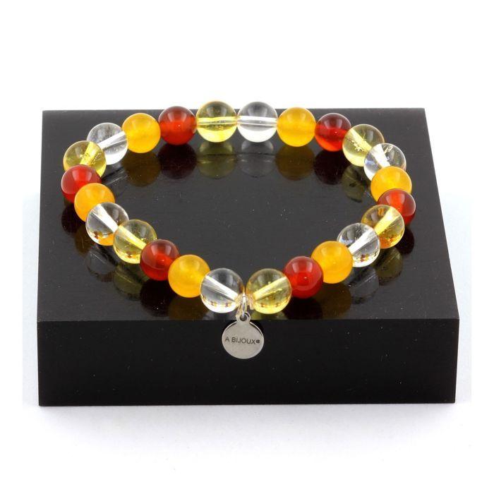 Pierres et Minéraux. Bracelet Perles Quartz + Agate jaune + Agate Rouge + Citrine 8 mm. Fabriqué en France.