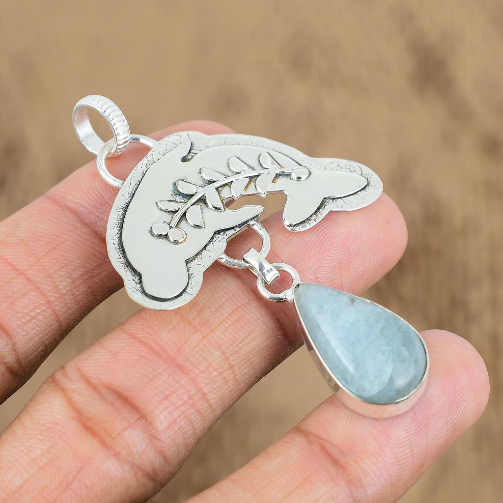 Natural Aquamarine Gemstone Pendant Fish 925 Sterling Silver Indian Jewelry