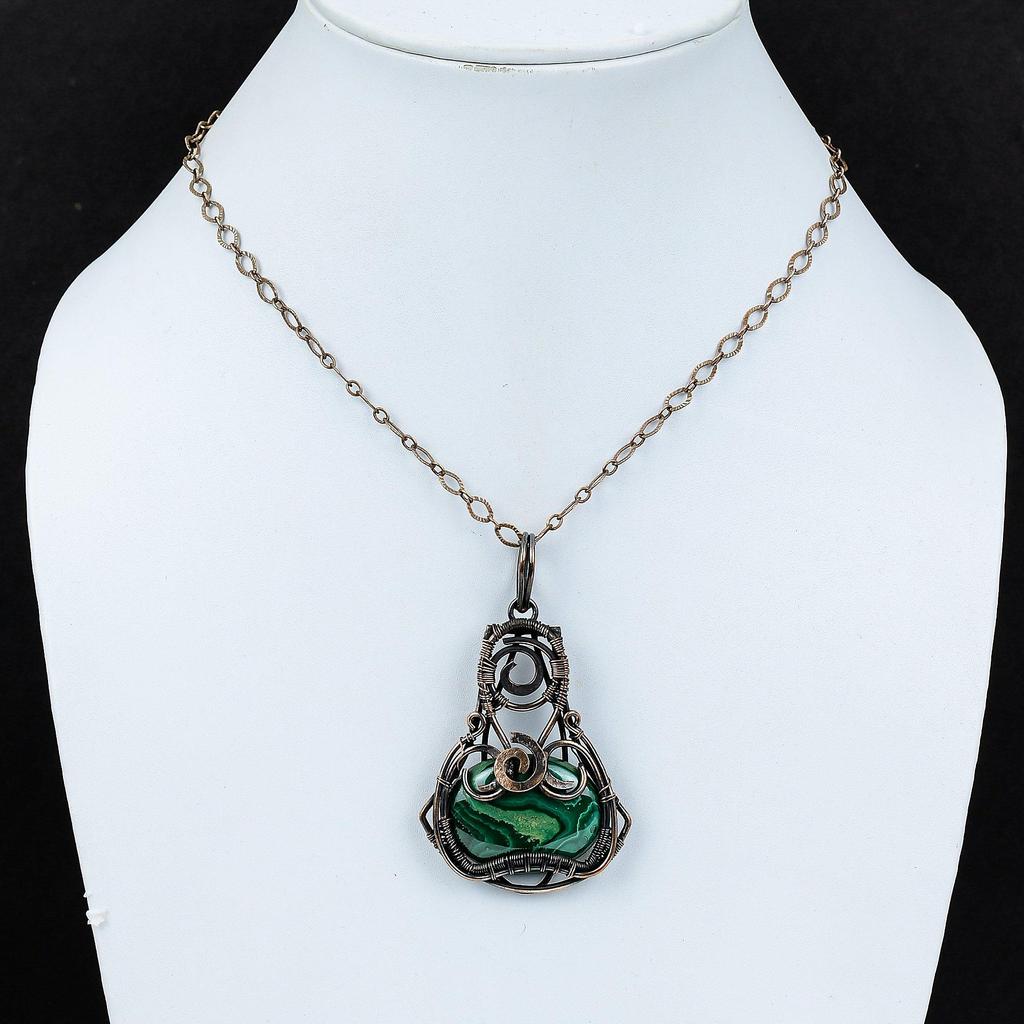 Малахитовый кулон, обернутый медной проволокой, дизайнерский кулон, ювелирные изделия из драгоценных камней высшего качества, кулон ручной работы, стильные медные украшения для подарка