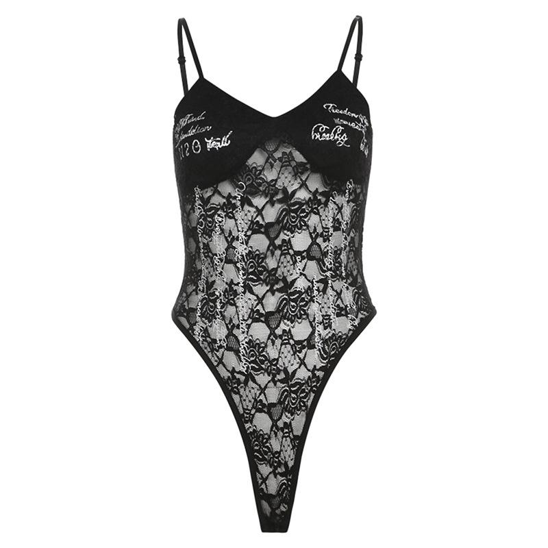 2024 Осень Женский Городской Шик Однотонный Кружевной Боди с Текстовыми Акцентами