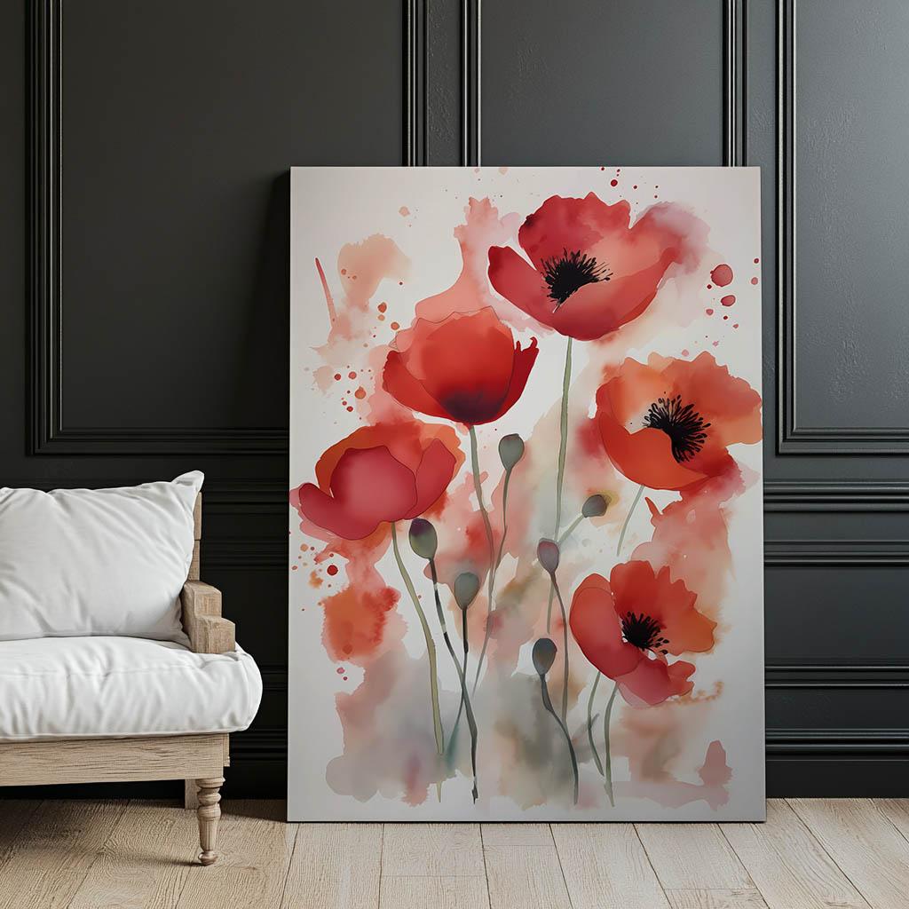 Red Poppies In Watercolor Red Poppies In Watercolor, 30X40 Cm, Gold Aluminum Frame, 230 Gsm Matte Paper