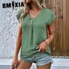 GMXIA Women's Summer V-neck Button-up Top Batsleeve T-shirt Loose Casual Shirt