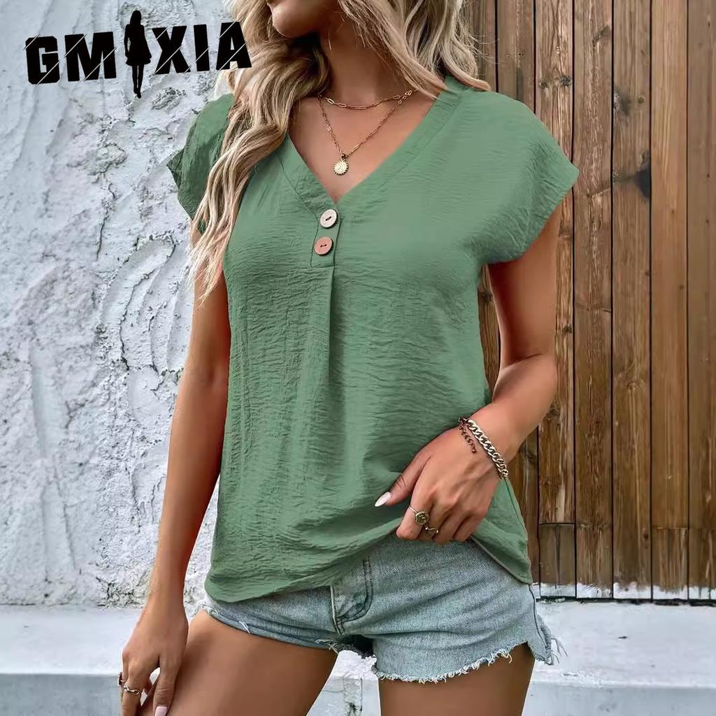GMXIA Women's Summer V-neck Button-up Top Batsleeve T-shirt Loose Casual Shirt