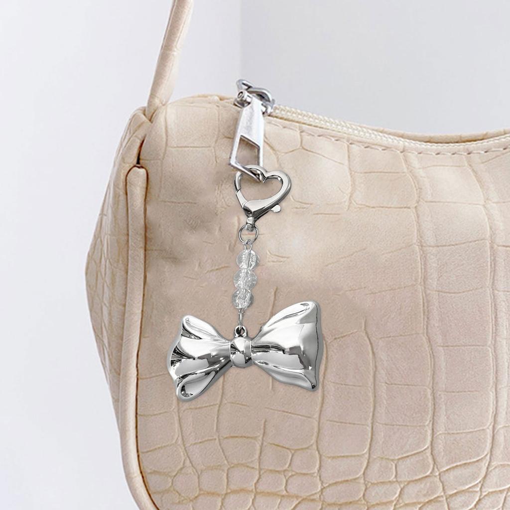 Sweet Lovely Silvery Bowknot Bead Keychains Pendant Hangings Ornament Keyring Backpack Decoration for Women Girls