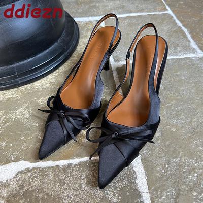 Модная женская обувь сандалии на высоком каблуке без застежки для дам обувь мелкая модная с бантом-бабочкой женские сандалии на тонком каблуке туфли-лодочки