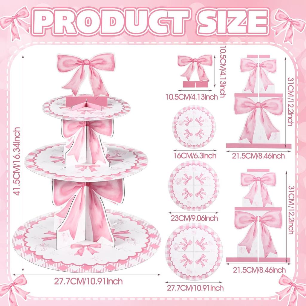 3 Tier Pink Bow Cake Stand Coquette Bow Party Birthday Cake Stand Decorations Pink Dessert Tower for Wedding Garden Birthday Party Supplies
