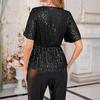 Women Sequin Tops V-Neck Ruffle Sleeves Glitter Blouses Waist Tight Elastic Hem Evening Cocktail Shiny Tops