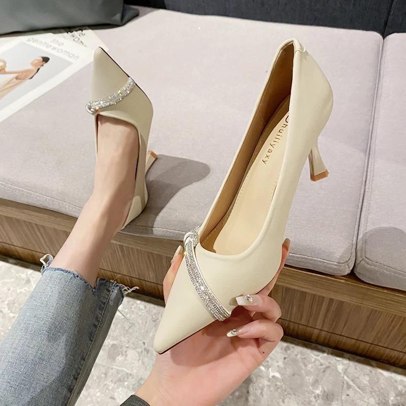 Модные модные туфли на тонком каблуке с кристаллами, женские туфли-лодочки с острым носком из искусственной кожи, женские туфли на высоком каблуке со стразами, новые