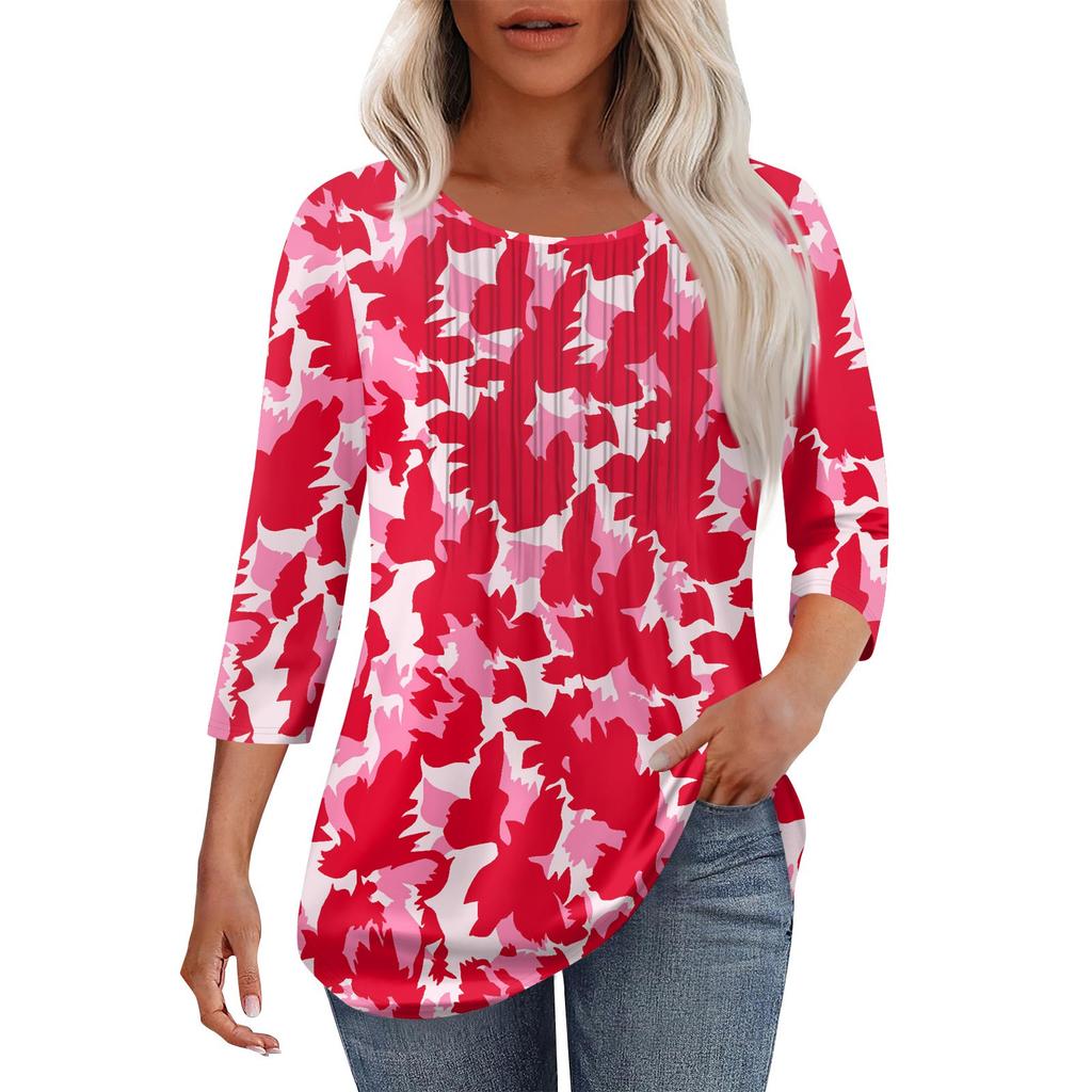 Женская модная повседневная плиссированная футболка с круглым вырезом и рукавами три четверти с повседневным цветочным принтом