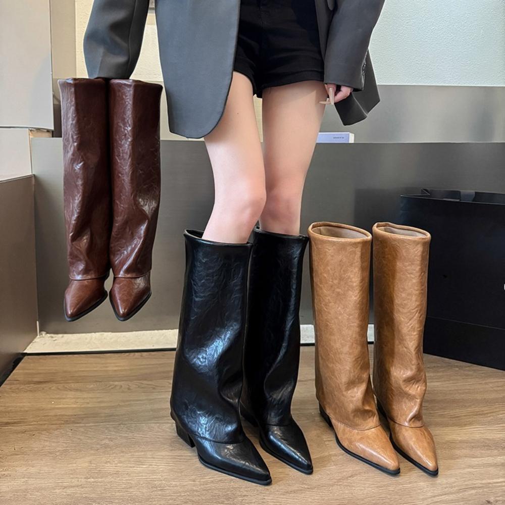 Женские высокие ботинки с острым носком Модные Сексуальные на среднем каблуке Обувь Женские Массивные Трендовые Ботильоны Челси Туфли Элегантные Женские Ботинки